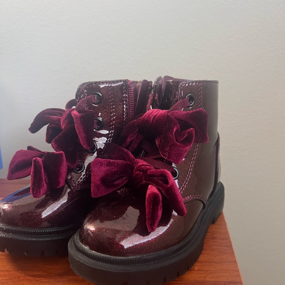 Cat & Jack Burgundy Patent Velvet Bow Ankle Boots
